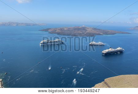Panoramic view from city of Thira to the caldera on Thira Island. Santorini, Greece.