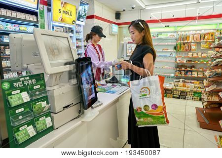 SEOUL, SOUTH KOREA - CIRCA MAY, 2017: inside 7-11 convenience store sign. 7-Eleven is an international chain of convenience stores.