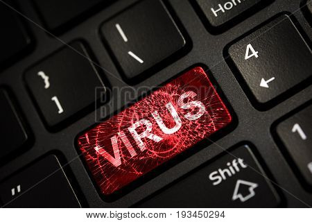 Message on broken red enter key of keyboard. Computer virus attack. Copy space