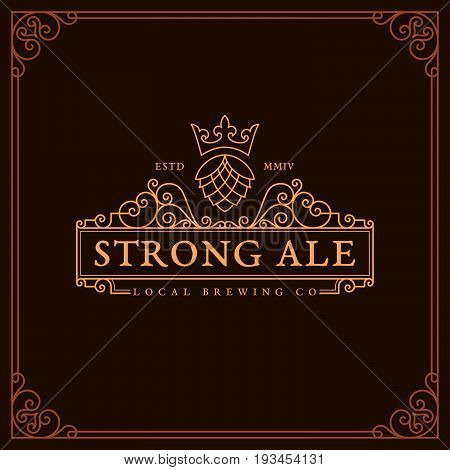 Flourishes frame ornament template with hop and crown for logo, labels, emblems for beer house, bar, pub, brewing company, brewery, tavern. Vector illustration.