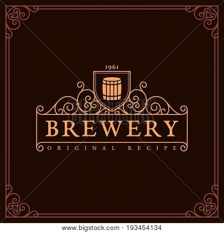 Flourishes frame ornament template with barrel for logo, labels, emblems for beer house, bar, pub, brewing company, brewery, tavern. Vector illustration.