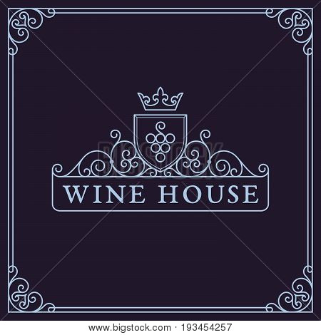 Flourishes luxury elegant frame ornament template with bunch of grape and crown in trendy linear style. For menu, bar, restaurant, wine list, wine house, wine label, vineyard, winery. Vector illustration.