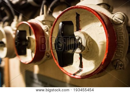 Kaliningrad, Russia - June 12 2017: Close-up View Of Valves, A Machinery Engineering Interior Space