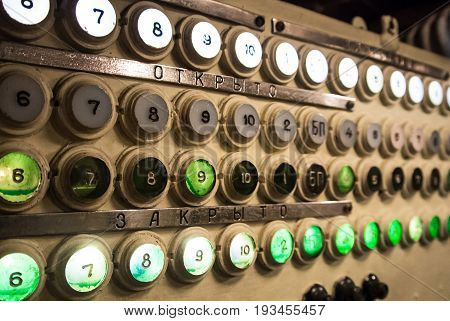 Kaliningrad, Russia - June 12 2017: The Rows Of White And Green Buttons, Lighted Or Not, With Number