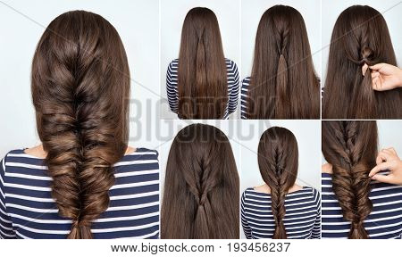 Hair tutorial. Hairstyle braid for party. Backstage technique of weaving plait step by step