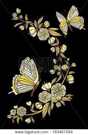 Embroidery ethnic flowers and butterfly, line design fashion wearing. Vector vintage , decorative element for embroidery, patches and stickers. Goldwork.