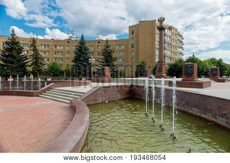 TVER RUSSIA - JULY 31 2016: a Stele in honor of assignment of Tver ranks the City of military glory on The Sovetskaya street in the center of Tver city