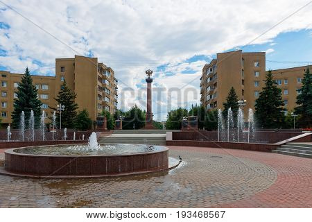 TVER RUSSIA - JULY 31 2016: a Stele in honor of assignment of Tver ranks the City of military glory on The Sovetskaya street in the center of Tver city