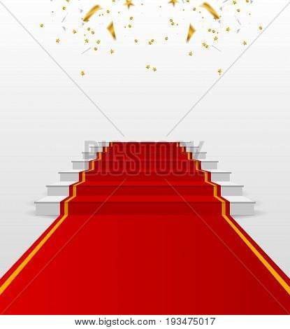 Stage for awards ceremony. White podium with red carpet. Pedestal. Vector illustration.