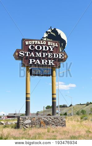 CODY, WYOMING - JUNE 24, 2017: Cody Stampede Park sign. Cody is the Rodeo Capitol of the World. 2017 marks 79th anniversary of nightly performances.
