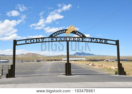 CODY, WYOMING - JUNE 24, 2017: Cody Stampede Park entrance arch. Cody is the Rodeo Capitol of the World. 2017 marks 79th anniversary of nightly performances.