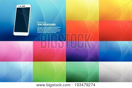 Big set of abstract horizontal backgrounds of curved lines. Isolated white smartphone with a realistic shadow. Curvaceous lines with blur gradient effect. Vector illustration.