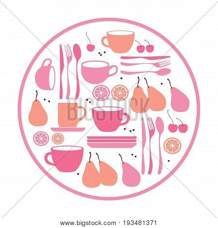 Collection of utensils for tea. Pear, cherry lemon