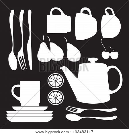 Vector collection of tableware. Teapot and cups.