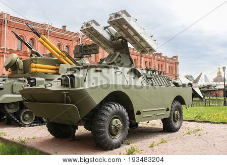 St. Petersburg Russia - 28 May, The combat vehicle of the anti-aircraft missile system Strela-10, 28 May, 2017.
Military History Museum of combat equipment in St. Petersburg.