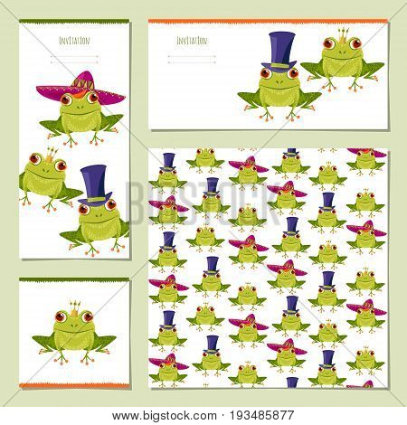 Set of universal cards with Frogs in various hats. Birthday anniversary children's party congratulations. Template. Vector illustration