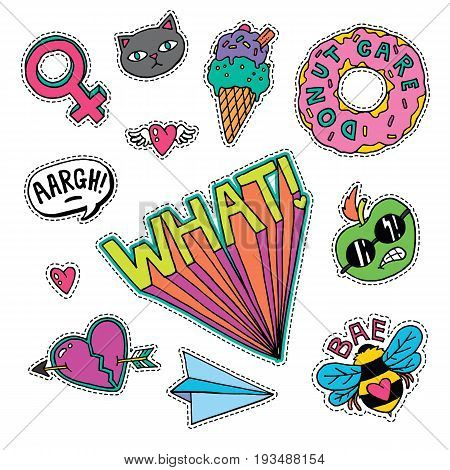 A set of quirky cartoon patch badges or fashion pin badges.