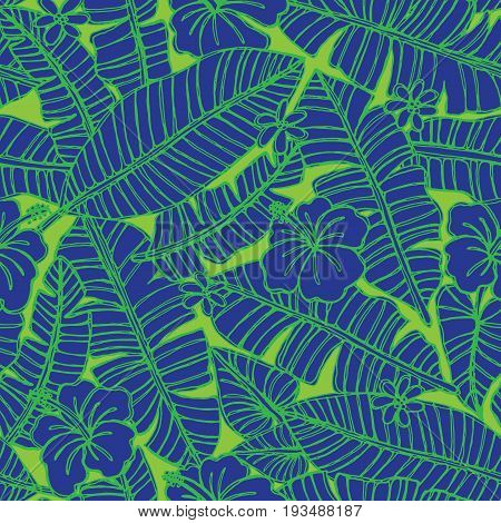 Seamless tonal tropical jungle pattern with banana leaves and hibiscus flowers. Vector illustration.