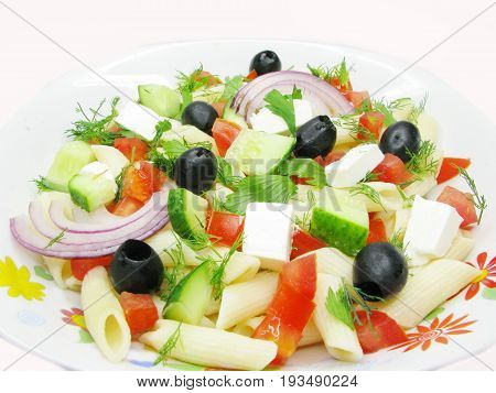 greek salad with pasta cheese olive and tomato