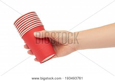 Female Hands Hold A Cardboard Or Plastic Disposable Cup. Isolated On White Background