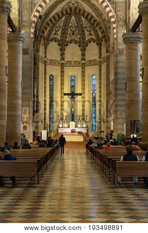 VERONA ITALY - MAY 1 2016 - Interior of Sant'Anastasia Church in Verona Italy. Sant'Anastasia is a church of the Dominican Order in Verona it was built in 1280 -1400