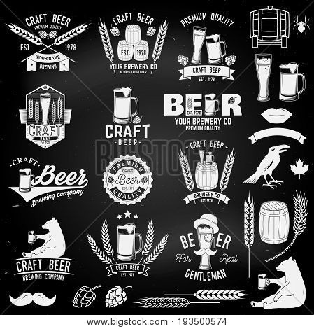 Set of Craft Beer badges with with design elements on the chalkboard. Vector illustration. Vintage design for bar, pub and restaurant business. Coaster for beer.