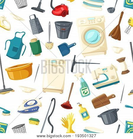 Home cleaning, cooking and laundry seamless pattern, Vector kitchen dishware and utensils, washing and sewing machine, detergent or duster scoop and water bucket with mop and iron, grater or thread