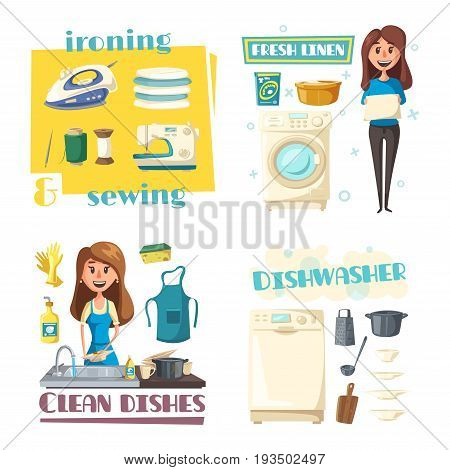 Home cleaning, dish washing and sewing or ironing. Vector woman in apron with laundry or fresh linen, wash dishware plates in kitchen sink, iron or threads and needle, washing and sewing machine