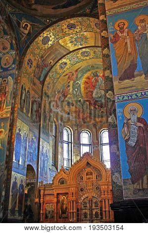 Saint Petersburg Russia -14 July 2016: Mosaics in the interior and fragment of iconostasis of the Church of the Savior on Spilled Blood. Church contains over 7500 square meters of mosaics. Church was built on the site where Emperor Alexander II was fatall