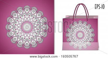Hand drawn zen-like mandala for decorate dishes t-shirt tunic bags case notebook stationery fabric print. Mock-up paper bag. eps 10.