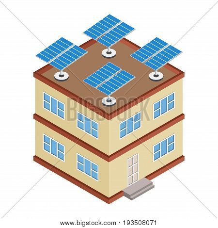 House with solar panel on roof. Isometric cottage with solar cells energy equipment. Eco friendly alternative technology concept. Vector illustration.