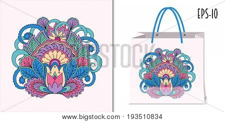Hand drawn doodle zen composition with mandala for decorate dishes t-shirt tunic bags case notebook stationery fabric print. Mock-up paper bag. eps 10.