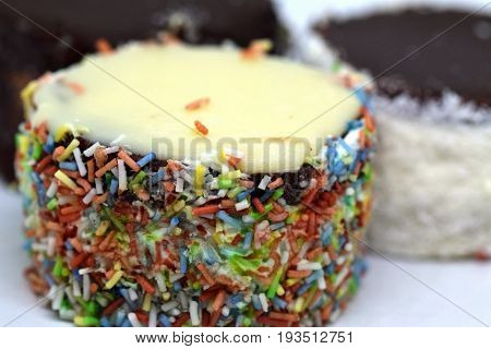 Close view on the cakes called Russian caps...made from different ingreedient like chocolate, vanila, coconut powder