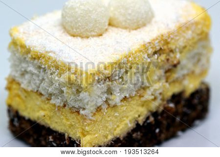 Close view on the Raffaello cake made from biscuit and coconut