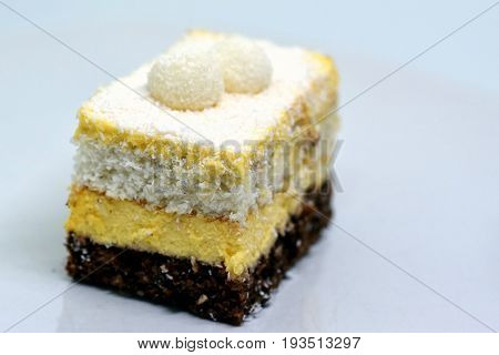 Close view on the Raffaello cake made from biscuit and coconut