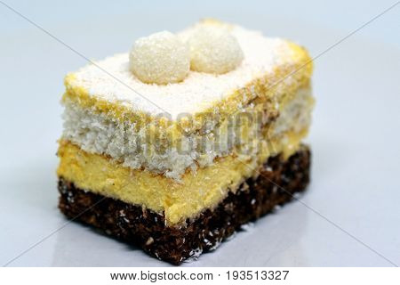 Close view on the Raffaello cake made from biscuit and coconut
