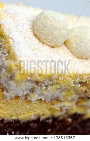 Close view on the Raffaello cake made from biscuit and coconut