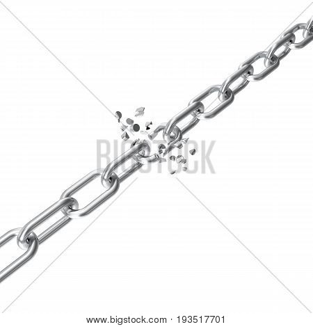 Broken steel, Broken metal chain links freedom concept. Disruption strong steel. 3D illustration