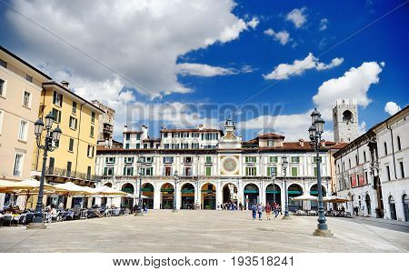 BRESCIA ITALY - MAY 15 2017: The panorama of Piazza della Loggia square at sunny day