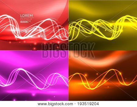 Set of glowing shiny wave backgrounds, energy concept illustrations