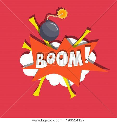 Bomb flat vector illustration with pop art banner on red background