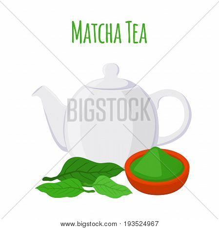 Green tea - asian drink. Teapot, leaves of matcha tea, teakettle. Made in cartoon flat vector style