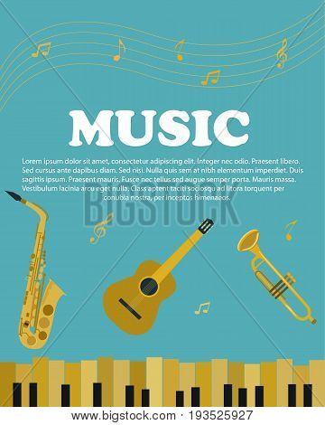Banner with musical instruments piano, guiter, saxophone