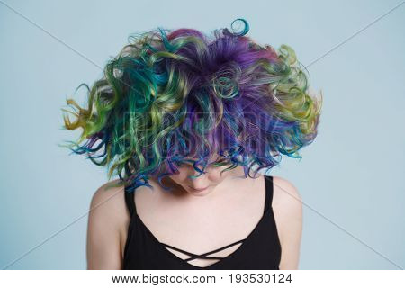 Colored hairs. Portrait of beautiful women with flying hairs and rhinestones . Ombre. Gradient. Copy-space. Shahtoosh