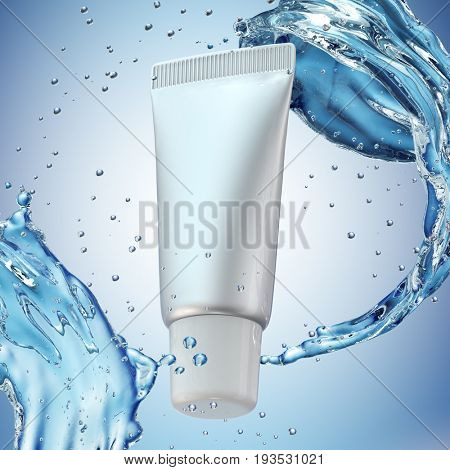 Cream bottle mock up in water splash on blue background. 3D illustration