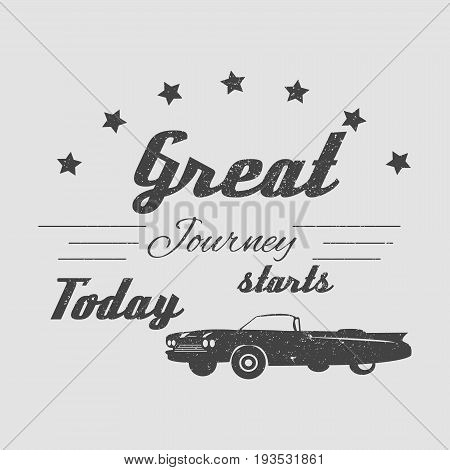 Vintage cadillac car with text for journey. Graphic print for T-shirts, logos, posters
