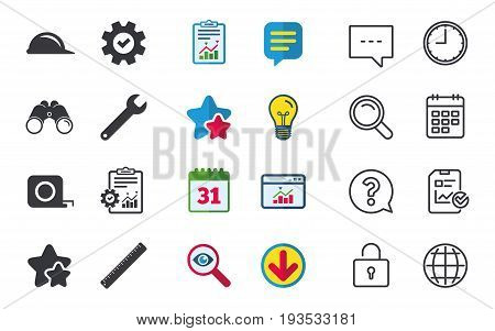 Construction helmet and wrench key tool icons. Ruler and tape measure roulette sign symbols. Chat, Report and Calendar signs. Stars, Statistics and Download icons. Question, Clock and Globe. Vector