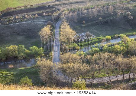 aerial view of bridge over river Raut in village Trebujeni from Moldova