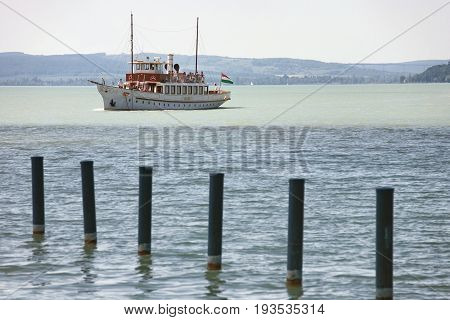 Balatonfured Hungary - May 27 2017: Vintage boat trip at Balatonfured Lake Balaton Hungary