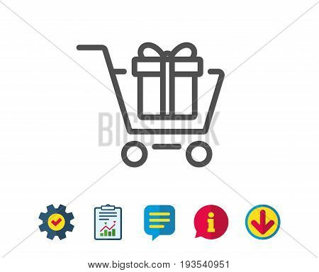 Shopping cart with Gift box line icon. Present or Sale sign. Birthday Shopping symbol. Package in Gift Wrap. Report, Service and Information line signs. Download, Speech bubble icons. Editable stroke